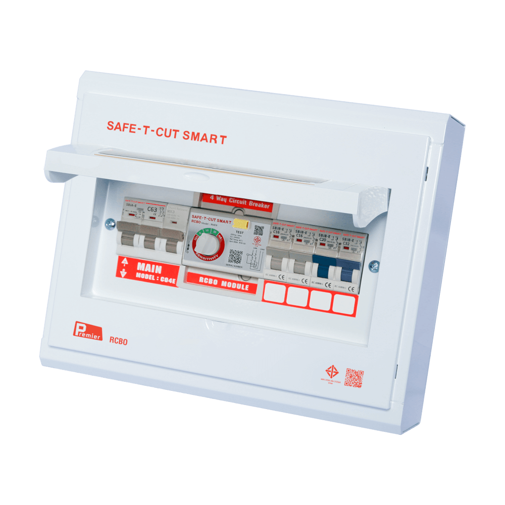 ชุดตู้คอนซูมเมอร์ 4 ช่อง เบรคเกอร์ กันดูด 63 แอมป์ เซฟ-ที-คัท สมาร์ท รุ่น PREMIER RCBO